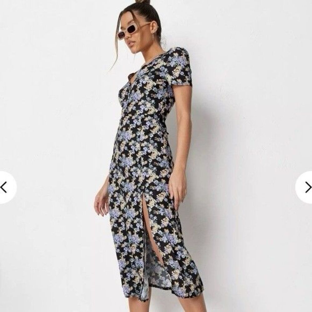 Missguided Black Floral Midi Dress Side Slit Short Sleeve Bodycon Buttons V Neck